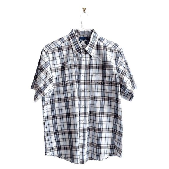 Wrangler Other - Wrangler Mens Pearl Snap Up Shirt Casual Short Sleeve Brown Blue Plaid XL